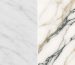 Calacatta marble vs Carrara side-by-side comparison showing Carrara marble with subtle gray veining on left and Calacatta marble with bold gold and gray veining on right