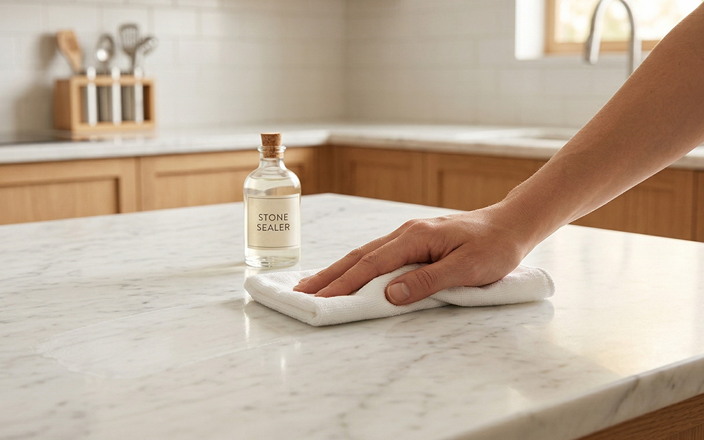 A hand wiping a white marble countertop with a soft cloth next to a bottle of stone sealer, illustrating the regular maintenance marble countertops require to prevent staining.