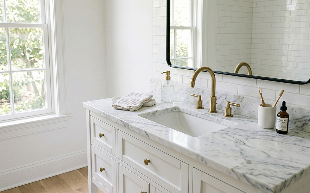 White marble vanity countertop with soft gray veining, undermount sink, and brushed brass fixtures in a bright bathroom, showing marble used beyond the kitchen as a countertop material.
