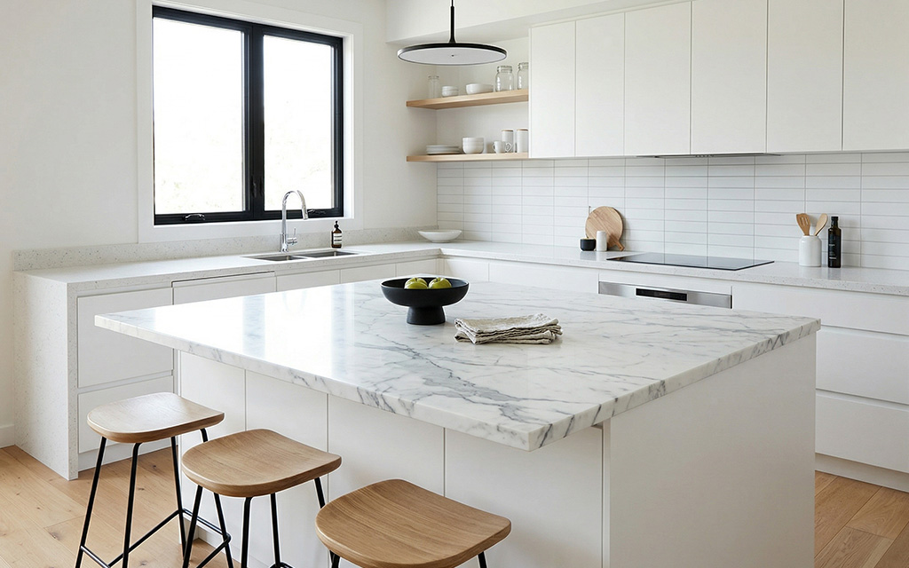 Three white marble slabs side by side showing distinct veining patterns, from fine subtle veins on the left to bold dramatic gray veining in the center and sharp dark veining on the right.